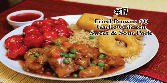 C17. Fried Prawns (3), Garlic Chicken, Sweet Sour Pork Combo.